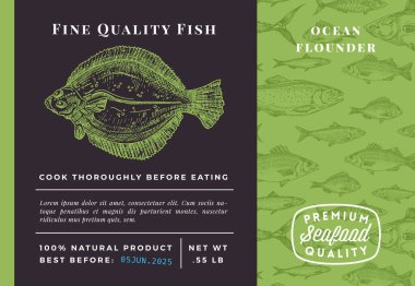 Premium Kaliteli Flatfish Soyut Vektör Tasarımı veya Etiketi. Modern Typography and Hand Drawn Sketch Flounder Fish Desenli Deniz Ürünleri Planı