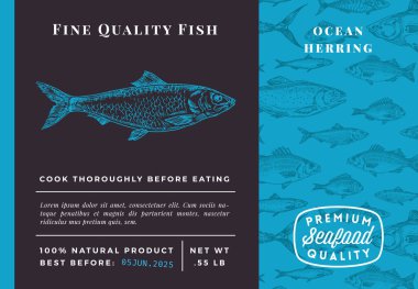 Premium Kaliteli Ringa Soyut Vektör Paket Tasarımı veya Etiketi. Modern Typography and Hand Drawn Sketch Fish Desenli Deniz Ürünleri Planı