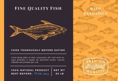 Premium Kalite Pangasius veya Basa Soyut Vektör Tasarım veya Etiketi. Modern Typography and Hand Drawn Sketch Fish Desenli Deniz Ürünleri Planı
