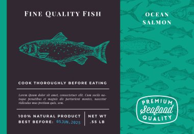 Premium Kaliteli Somon Somonu Soyut Vektör Tasarımı veya Etiketi. Modern Typography and Hand Drawn Sketch Fish Desenli Deniz Ürünleri Planı