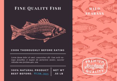 Premium Kaliteli Deniz Kabuğu Soyut Vektör Tasarımı veya Etiketi. Modern Typography and Hand Drawn Sketch Fish Desenli Deniz Ürünleri Planı