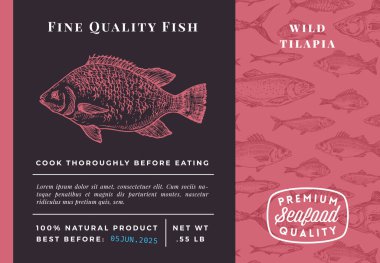 Premium Kalite Vahşi Tilapia Soyut Vektör Tasarımı veya Etiketi. Modern Typography and Hand Drawn Sketch Fish Desenli Deniz Ürünleri Planı