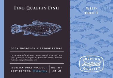 Kaliteli Kaliteli Alabalık Soyut Vektör Tasarımı veya Etiketi. Modern Typography and Hand Drawn Sketch Fish Desenli Deniz Ürünleri Planı