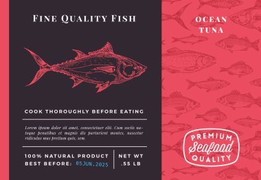 Premium Kaliteli Okyanus Ton Balığı Soyut Vektör Tasarımı veya Etiketi. Modern Typography and Hand Drawn Sketch Fish Desenli Deniz Ürünleri Planı