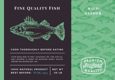 Premium Kalite Pikeperch Soyut Vektör Tasarımı veya Etiketi. Modern Typography and Hand Drawn Sketch Zander Fish Desenli Deniz Ürünleri Planı