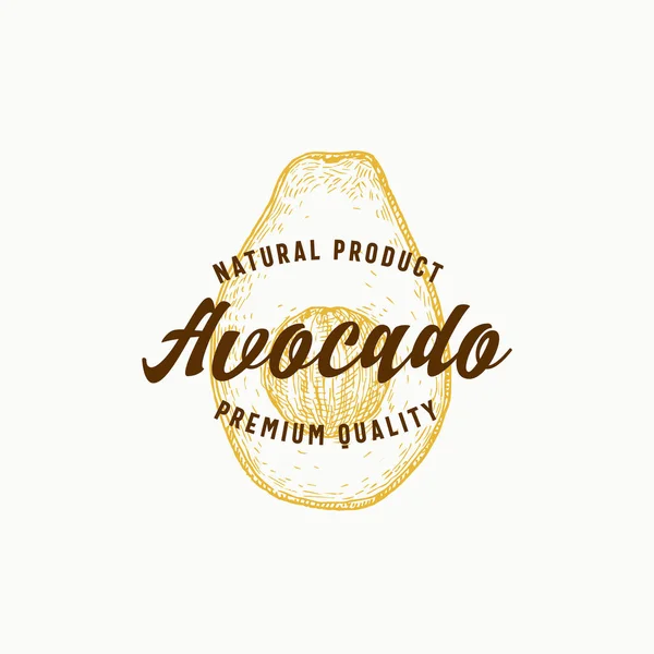 Avocado Abstraktes Vektorzeichen, Symbol oder Logo-Vorlage. Handgezeichnete Skizzenfrucht mit Retro-Typografie. Vintage-Emblem. — Stockvektor