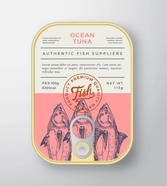 Ingeblikte Ocean Fish Abstract Vector Aluminium Container Packaging Design of Label. Moderne Typografie Banner, Handgetekend Tonijn Silhouet met Lettering Logo. Kleurenpapier achtergrond lay-out. — Stockvector