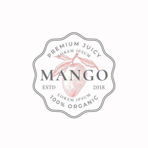 Juicy Mango Frame Badge oder Logo Template. Handgezeichnete exotische Fruchtskizze mit Retro-Typografie und Bordüren. Vintage Premium Emblem. — Stockvektor