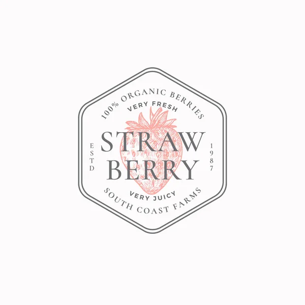 Strawberry Farm Badge o Logo Template. Schizzo a bacche disegnate a mano con tipografia retrò e bordi. Emblema premio vintage. — Vettoriale Stock