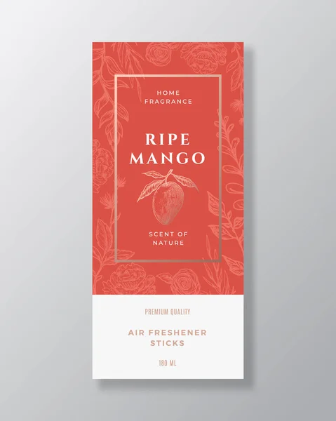 Mango Home Fragrance Abstrakt vektor etikett mall. Handritade Skiss blommor, blad bakgrund och Retro Typografi. Premium Room Perfume Packaging Design Layout. Realistisk Mockup. — Stock vektor