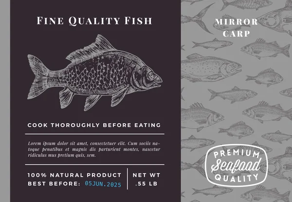 Kaliteli Ayna Sazanı Soyut Vektör Tasarımı veya Etiketi. Modern Typography and Hand Drawn Sketch Fish Desenli Deniz Ürünleri Planı