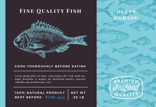 프리미엄 품질도 라도 Abstract Vector Packaging Design or Label. Modern Typography and Hand Drawn Sketch Fish Pattern Background Seafood Layout — 스톡 벡터