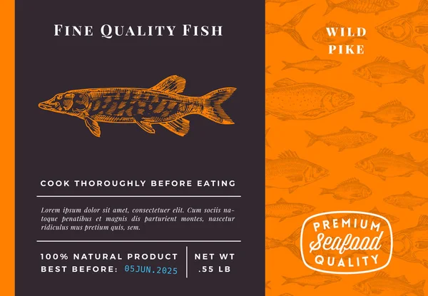 프리미엄 품질 파이크 Abstract Vector Packaging Design or Label. Modern Typography and Hand Drawn Sketch Fish Pattern Background Seafood Layout — 스톡 벡터