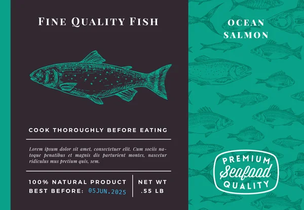 프리미엄 품질살몬 Abstract Vector Packaging Design or Label. Modern Typography and Hand Drawn Sketch Fish Pattern Background Seafood Layout — 스톡 벡터