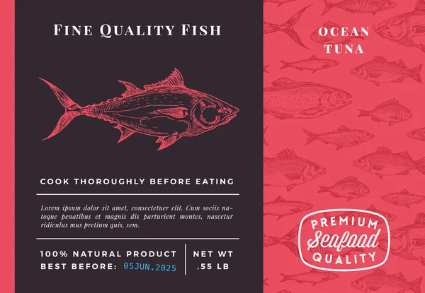 프리미엄 품질 Ocean Tuna Abstract Vector Packaging Design or Label. Modern Typography and Hand Drawn Sketch Fish Pattern Background Seafood Layout — 스톡 벡터