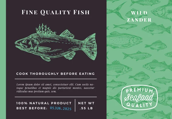Premium Kalite Pikeperch Soyut Vektör Tasarımı veya Etiketi. Modern Typography and Hand Drawn Sketch Zander Fish Desenli Deniz Ürünleri Planı — Stok Vektör