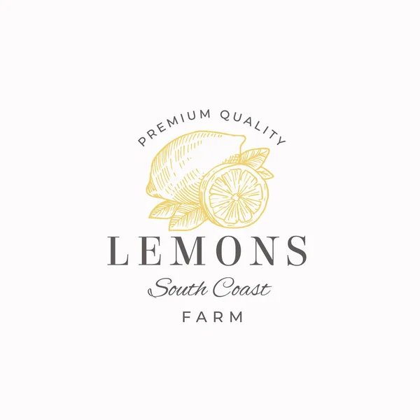 Modèle de signe, de symbole ou de logo vectoriel abstrait pour les fermes de fruits de citron. Citrons dessinés à la main avec des feuilles Croquis avec typographie rétro. Emblème de luxe vintage. — Image vectorielle