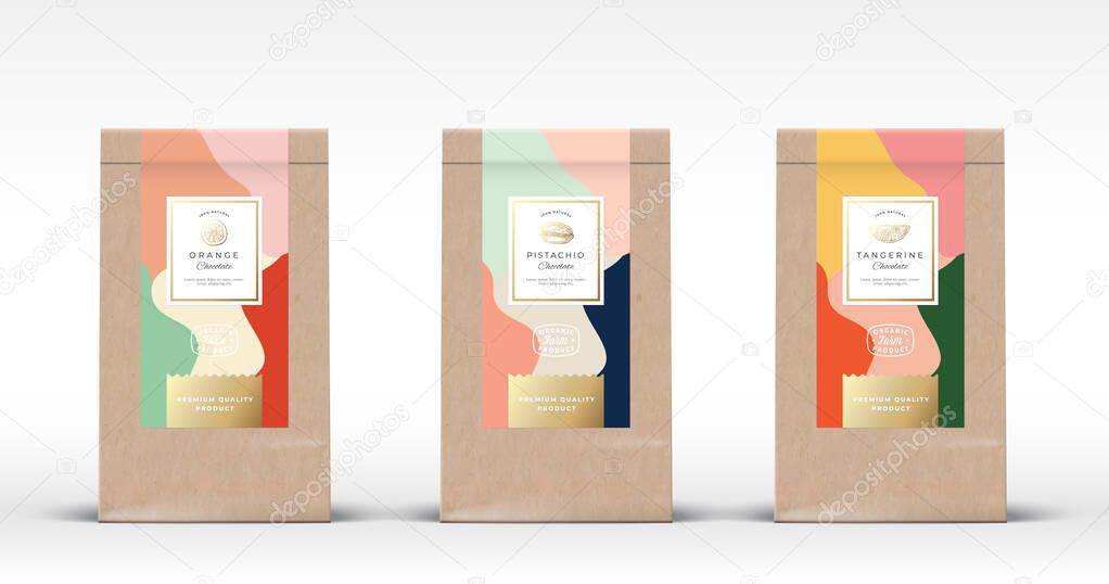 Craft Paper Bag with Nut and Citrus Chocolate Labels Set. Abstract Vector Packaging Design Layout with Realistic Shadows. Hand Drawn Oranges, Tangerine and Pistachio Sketch Silhouettes Background.