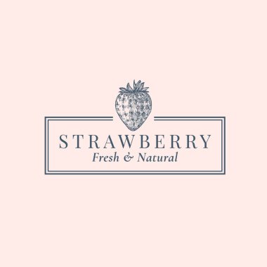 Çilek Soyut Vektör İşareti, Sembol veya Logo Şablonu. Zarif Retro Typography ve Frame ile El Çizimi Böğürtlen Silüeti Sketch. Klasik Lüks Amblem.