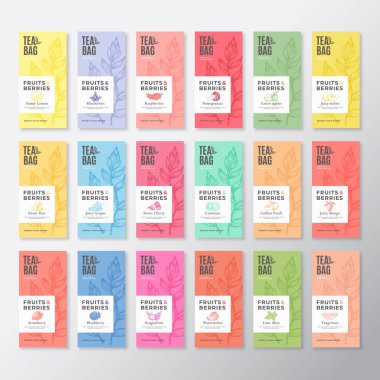 Fruit and Berries Tea Labels Koleksiyonu. Gerçekçi Gölgelerle Soyut Vektör Tasarım Düzenleri Ayarlandı. Modern Typography, Hand Drawn Tea Leaves Siluet Geçmişi. İçecek Amblemleri.