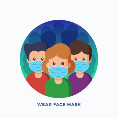 Koruyucu tıbbi maske takan insanlar. Virüslerden, Hava Kirliliğinden, Gripten veya Hastalıklardan Koruma. Düz Biçim Vektör İllüstrasyon Amblemi veya İmzası.