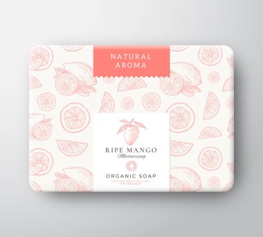 Mango Banyo Sabun Karton Kutusu. Etiket Kapaklı Soyut Vektör Paketli Kağıt Kutusu. Paketleme Tasarımı. Modern Typography and Hand Drawn Citrus Arkaplan Deseni Düzeni.