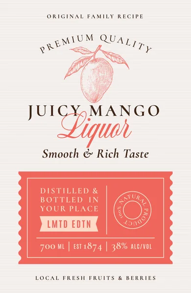 Familj recept saftig Mango sprit Acohol Label. Abstrakt vektor förpackningsdesign layout. Modern typografi Banner med handritad mango med blad siluett logotyp och bakgrund. — Stock vektor