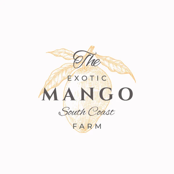 Mango Çiftliği Soyut Vektör İşareti, Sembol veya Logo Şablonu. Retro Typography ile Leaves Sketch ile El Çizimi Mango. Klasik Lüks Amblem. — Stok Vektör