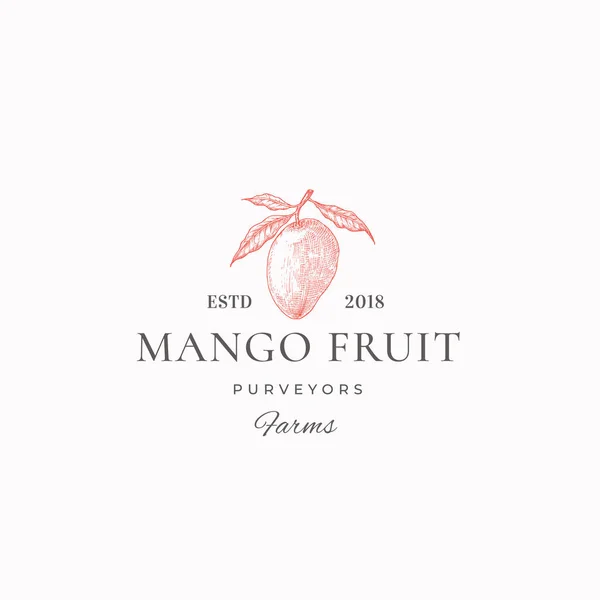 Mango Fruit Farms Abstraktes Vektorzeichen, Symbol oder Logo-Vorlage. Handgezeichneter Mango mit Blättern Skizze mit Retro-Typografie. Vintage Luxus Emblem. — Stockvektor