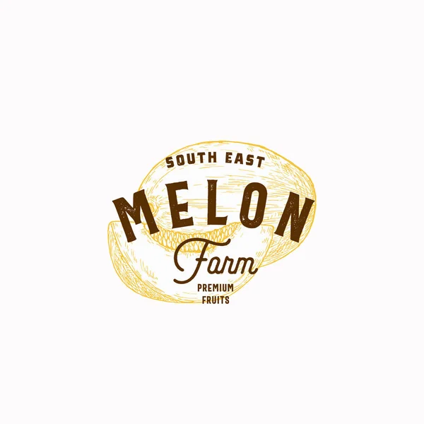 Modèle de signe, de symbole ou de logo vectoriel abstrait de Melon Farm. Melon et tranche dessinés à la main avec typographie vintage premium. Concept élégant d'emblème vectoriel chic. — Image vectorielle