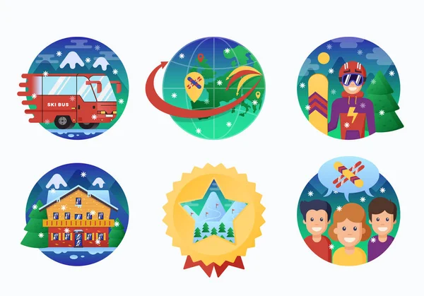 Ski ou Snowboard Resort Icons Collection. Vector Circle Banners of Snowboarding Instructor, Mountains, Ski Bus, Alpine Hotel and Like-Minded People with Snowflakes (em inglês). Jogo de Emblemas de Esportes de Ação. — Vetor de Stock