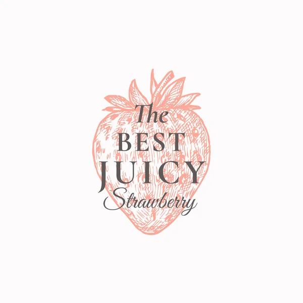 Miglior succosa fragola astratto segno vettoriale, simbolo o logo modello. Disegnato a mano Berry Sketch Sillhouette con elegante tipografia retrò. Emblema di lusso vintage. — Vettoriale Stock