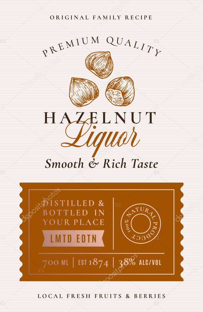 Family Recipe Hazelnut Liquor Acohol Label. Abstract Vector Packaging Design Layout. Modern Typography Banner with Hand Drawn Nuts Silhouette Logo and Background.