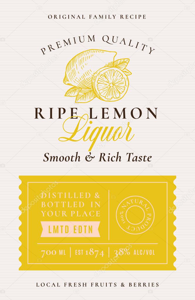 Family Recipe Lemons Liquor Acohol Label. Abstract Vector Packaging Design Layout. Modern Typography Banner with Hand Drawn Citrus Silhouette Logo and Background.