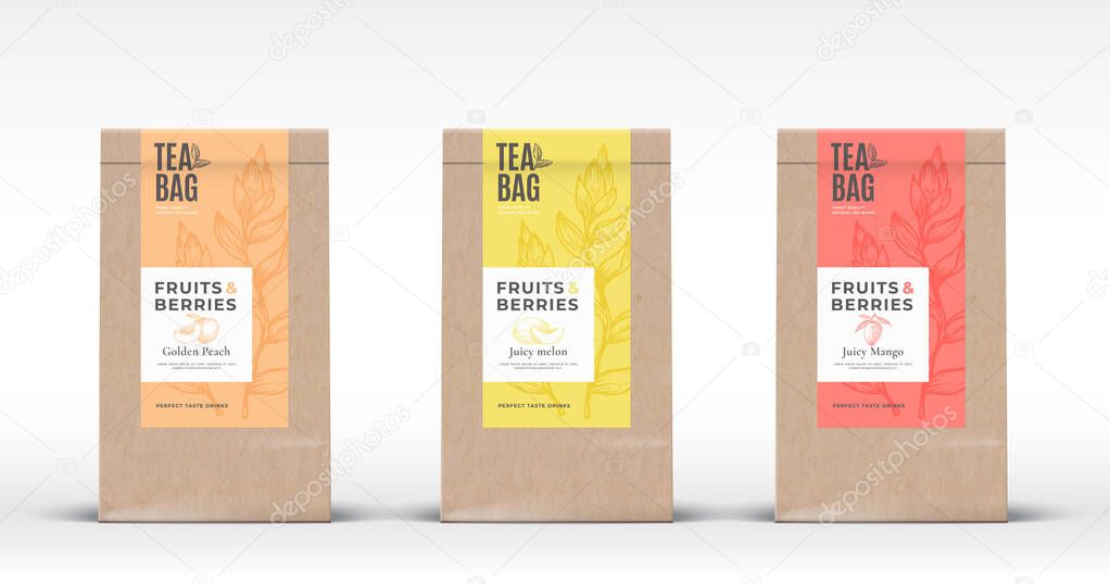 Craft Paper Bag with Fruit and Berries Tea Labels Set. Abstract Vector Packaging Design Layout with Realistic Shadows. Hand Drawn Peach, Melon and Mango Silhouettes Background.