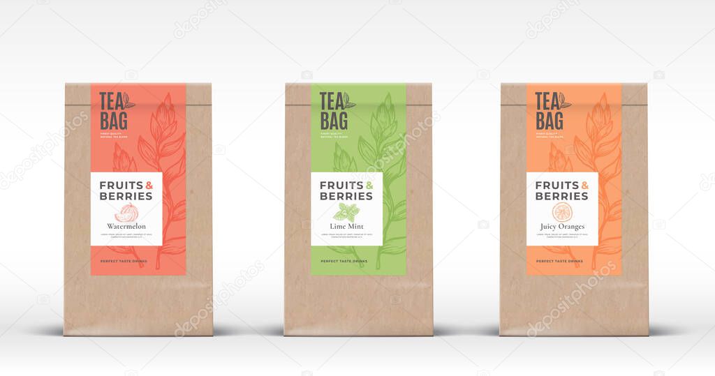 Craft Paper Bag with Fruit and Berries Tea Labels Set. Abstract Vector Packaging Design Layout with Realistic Shadows. Hand Drawn Watermelon, Orange and Mint Branch Silhouettes Background.