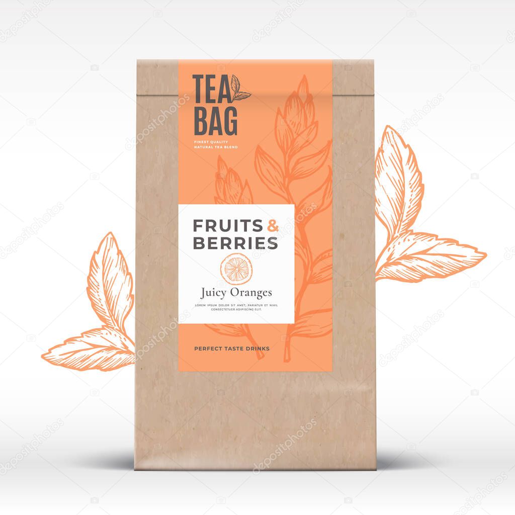 Craft Paper Bag with Fruit and Berries Tea Label. Abstract Vector Packaging Design Layout with Realistic Shadows. Modern Typography, Hand Drawn Orange and Leaves Silhouettes Background. Isolated.