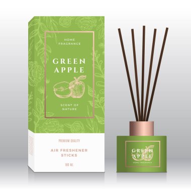 Green Apple Ev Parfümü Soyut Vektör Etiket Kutusu Şablonu. El Çizimi Skeç Çiçekleri, Yaprak Arkaplanı. Retro Typography. Oda Parfümü Paket Düzenleme. Gerçekçi Model.