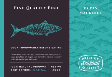 Kaliteli Uskumru Soyut Vektör Tasarımı veya Etiketi. Modern Typography and Hand Drawn Sketch Fish Desenli Deniz Ürünleri Planı