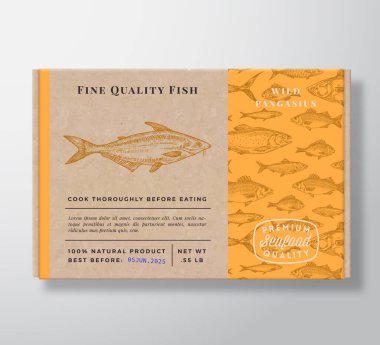 Balık desenli gerçekçi karton kutu. Soyut Vektör Deniz Ürünleri Paket Tasarımı veya Etiketi. Modern Typography, Hand Drawn Pangasius Silhouette. Yapı Karton Kutu Deseni Arkaplan Düzeni.