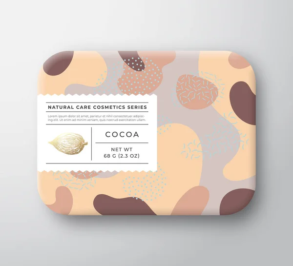 Kakaobadekosmetik Package Box. Vector Wrapped Paper Container mit Care Label Cover. Verpackungsdesign. Moderne Typografie und handgezeichnete Bohne. Abstraktes Camo-Hintergrundmuster Layout. — Stockvektor