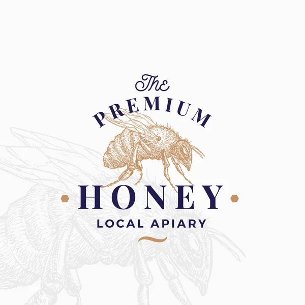 Premium Quality Honey Sign, Symbool of Logo Template. Handgetekende bijenschets met Retro Typografie. Lokaal Apiary Vintage Embleem met achtergrond. — Stockvector