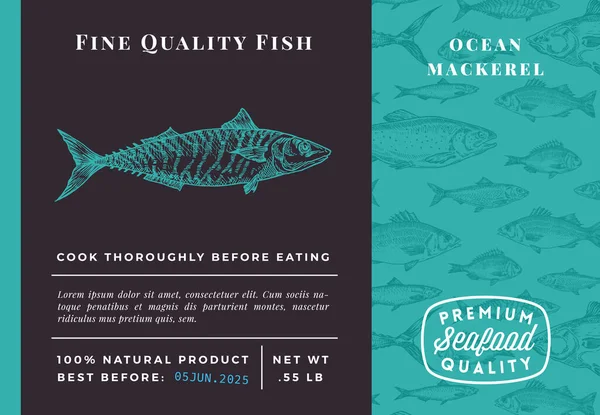 프리미엄 품질 Mackerel Abstract Vector Packaging Design or Label. Modern Typography and Hand Drawn Sketch Fish Pattern Background Seafood Layout — 스톡 벡터