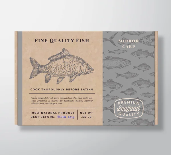 Balık desenli gerçekçi karton kutu. Soyut Vektör Deniz Ürünleri Paket Tasarımı veya Etiketi. Modern Typography, Hand Drawn Carp Silhouette. Yapı Karton Kutu Deseni Arkaplan Düzeni. — Stok Vektör