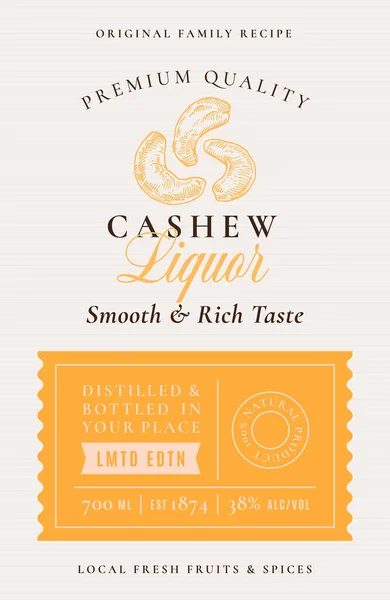 Οικογενειακή συνταγή Cashew Nuts Liquor Acohol Label. Αφηρημένη διάταξη σχεδιασμού συσκευασίας διάνυσμα. Μοντέρνο Typography Banner με χειροποίητο Cashew με λογότυπο και φόντο Leaf Silhouette. — Διανυσματικό Αρχείο