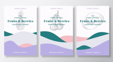 Aroma mum vektör şablon etiketleri ayarlandı. Yerel satıcıların meyve ve dut kokusu reklam tasarımı. Soyut dalga dekor ile arkaplan yerleşimlerini çiz. Doğal koku ürün paketi metin alanı
