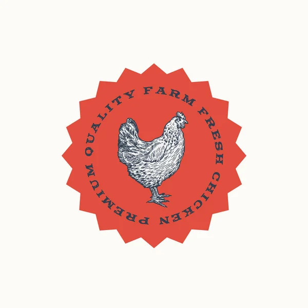 Farm Fresh Poultry Soyut Vektör İşareti, Etiket veya Logo Şablonu. Typography ile El Çizimi Tavuk Silueti Etiketi. — Stok Vektör