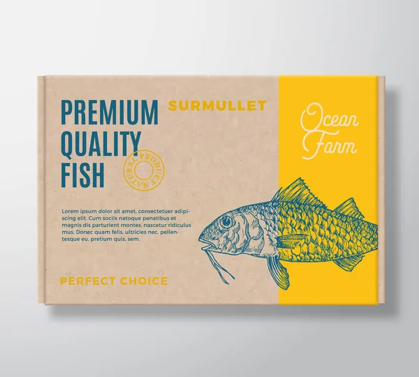 Scatola di cartone realistico di pesce di qualità premium. Design astratto del packaging vettoriale o etichetta. Tipografia moderna, silhouette Surmullet disegnata a mano. Artigianato Carta sfondo Layout. — Vettoriale Stock