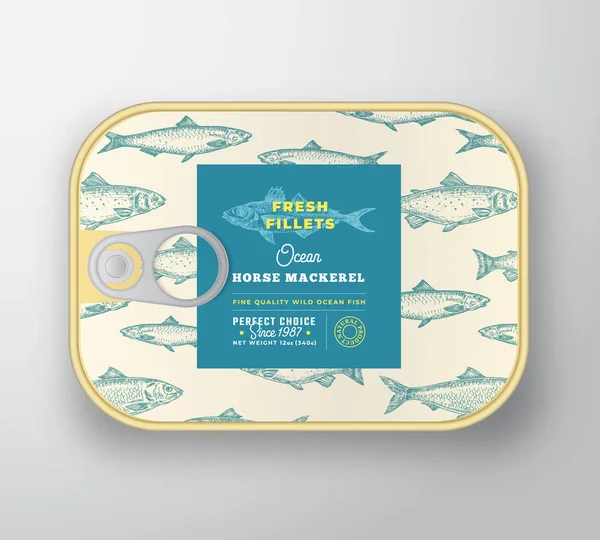 Konserve Balık etiketi şablonu. Etiket Kapaklı Soyut Vektör Alüminyum Kutusu. Paketleme Tasarımı. Modern Typography and Hand Drawn Horse Mackerel Siluet Arka plan Düzeni. — Stok Vektör