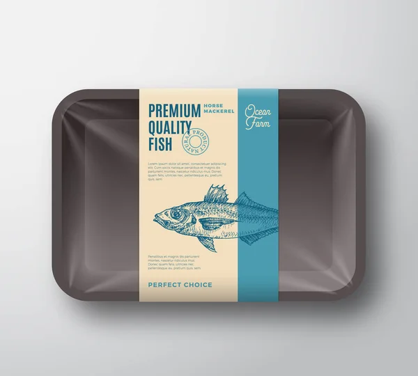 Premium Quality Horse Mackerel. Abstract Vector Plastic Tray with Cellophane Cover Packaging Design Label. Modern Typography and Hand Drawn Fish Silhouette Background Layout. — Stock Illustration Premium Quality Horse Mackerel. Abstract Vector Plastic Tray with Cellophane Cover Packaging Design Label. Modern Typography and Hand Drawn Fish Silhouette Background Layout. Stock Illustration